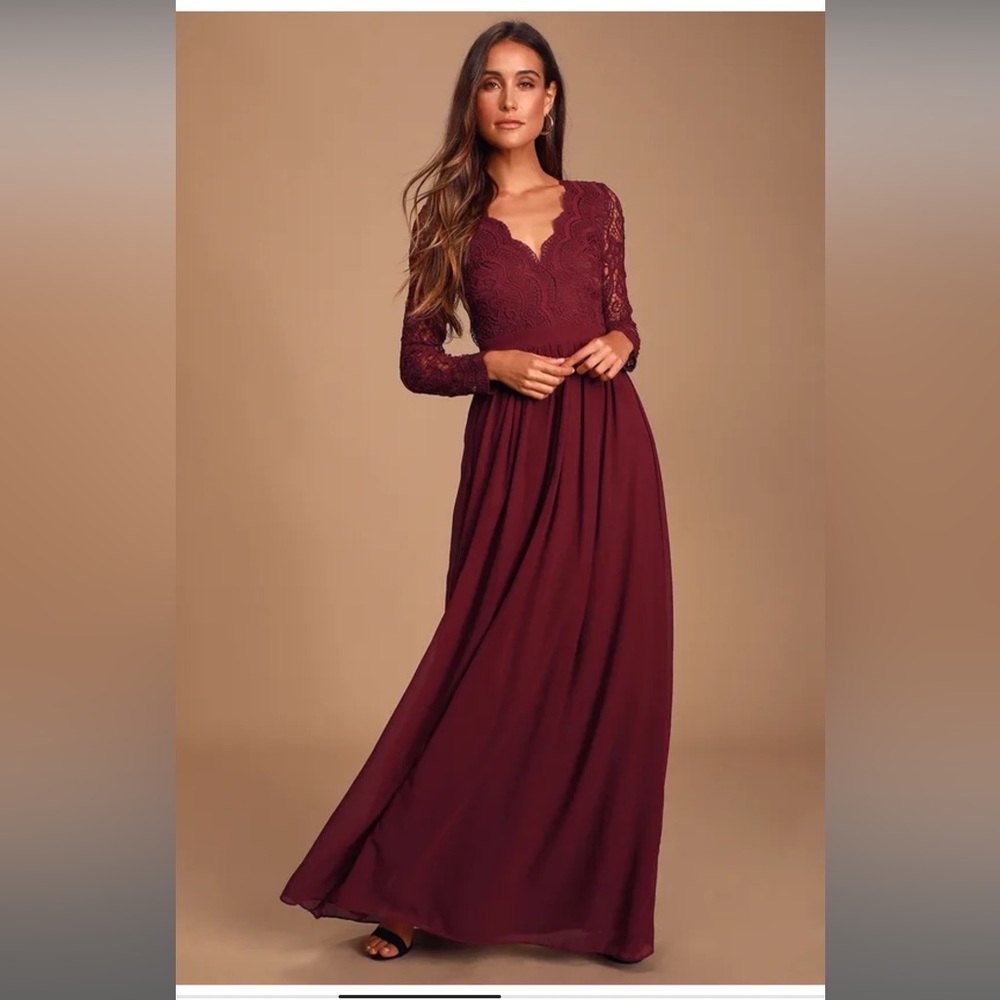 Awaken My Love Burgundy Long Sleeve Lace Maxi Dress